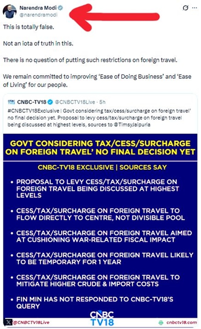 Screenshot of a tweet from a prominent Indian politician denying a claim, stating 'This is totally false' and 'not an iota of truth'. A linked CNBV image follows with a blue banner about tax on foreign travel.