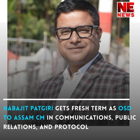 Portrait of a man in a checked blazer with glasses, NE News logo in corner; headline about a fresh term as OSD to Assam CM in communications and protocol.