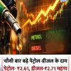 Fuel nozzle dripping petrol with a rising stock chart in the background; news banner about petrol and diesel price hike (Hindi text shown).