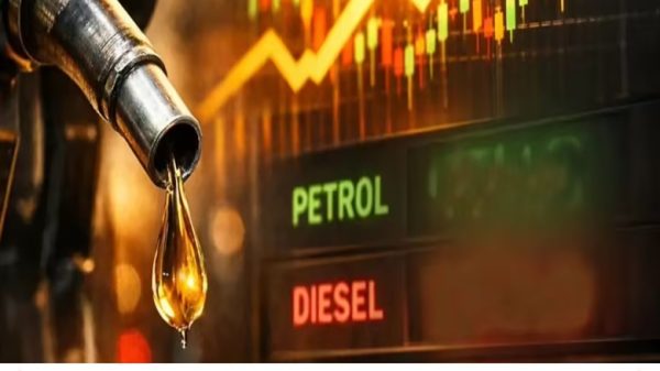 Fuel nozzle dripping petrol with a rising stock chart in the background; news banner about petrol and diesel price hike (Hindi text shown).