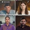 Quadruple video frames of four interviewees: man in blue shirt, woman with long hair, woman in purple embroidered shirt, man with glasses.