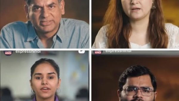 Quadruple video frames of four interviewees: man in blue shirt, woman with long hair, woman in purple embroidered shirt, man with glasses.