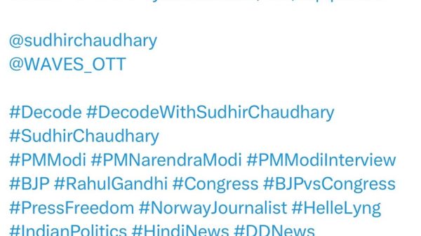 Tweet from DDNewsHindi about PM Modi press conference being exposed; features two news anchors on screen and a panel holding pamphlets