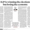 Newspaper front page with bold headline 'BJP is winning the elections but losing the economy' and a portrait of Surjit Bhalla.