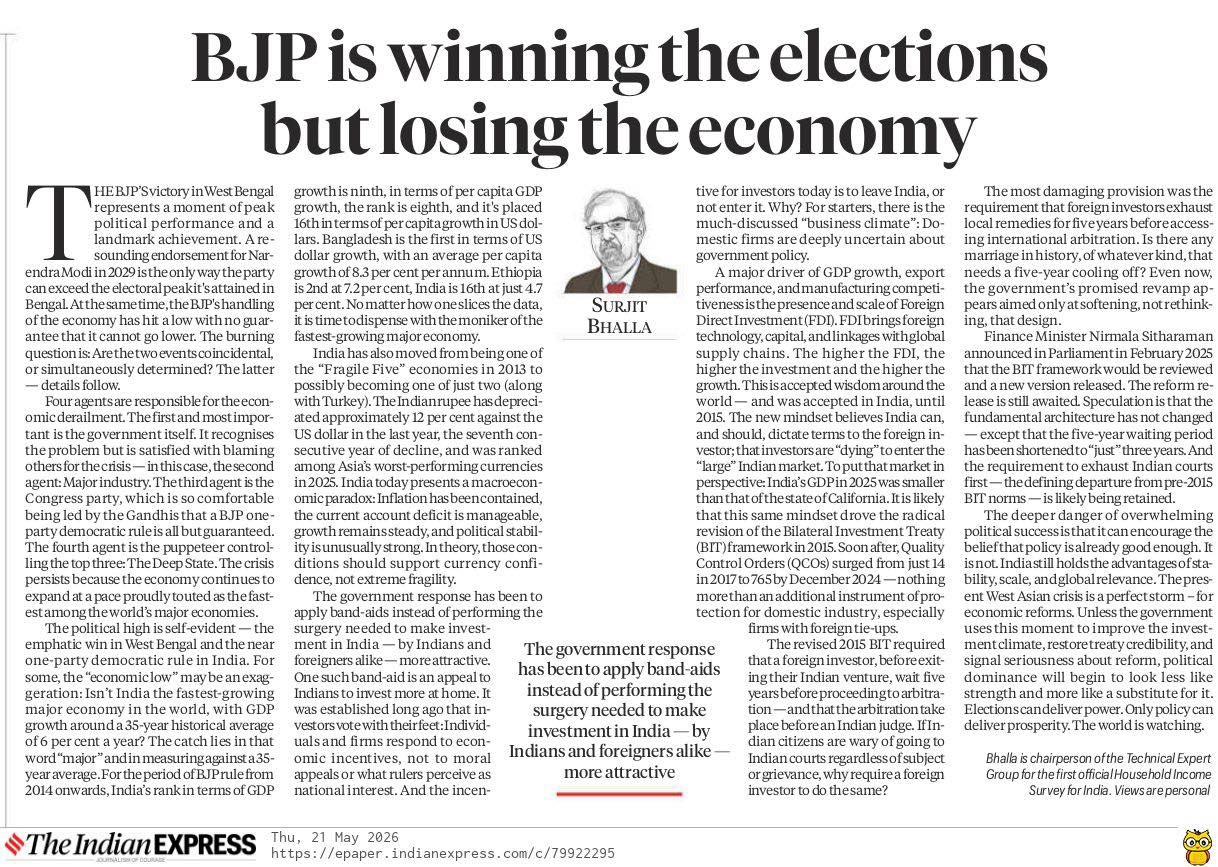Newspaper front page with bold headline 'BJP is winning the elections but losing the economy' and a portrait of Surjit Bhalla.