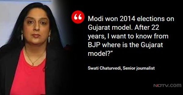 Senior journalist Swati Chaturvedi on a news broadcast, with the quote: 'Modi won 2014 elections on Gujarat model. After 22 years, I want to know from BJP where is the Gujarat model?'