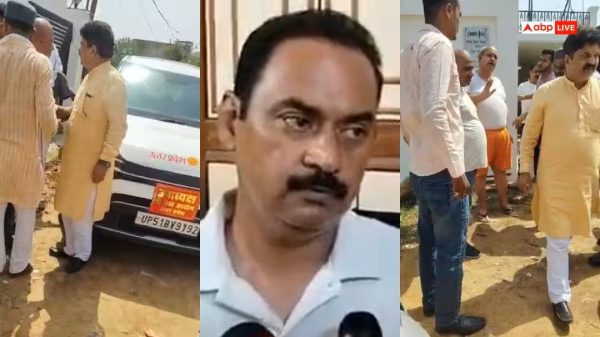 Three-panel collage from a news clip: left panel shows men in traditional Indian attire near a white van with an orange campaign sign; center panel is a close-up of a man with a moustache; right panel shows more men in a dusty outdoor area, some wearing light clothing.