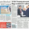 Newspaper front page spread with two main headlines: 'Telegram blocked before NEET retest' and 'With Trump present, Modi flags seafarers’ safety at G7', plus a photo of Modi and Trump and a blue inset graphic on the left column.