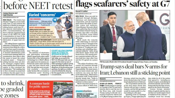 Newspaper front page spread with two main headlines: 'Telegram blocked before NEET retest' and 'With Trump present, Modi flags seafarers’ safety at G7', plus a photo of Modi and Trump and a blue inset graphic on the left column.