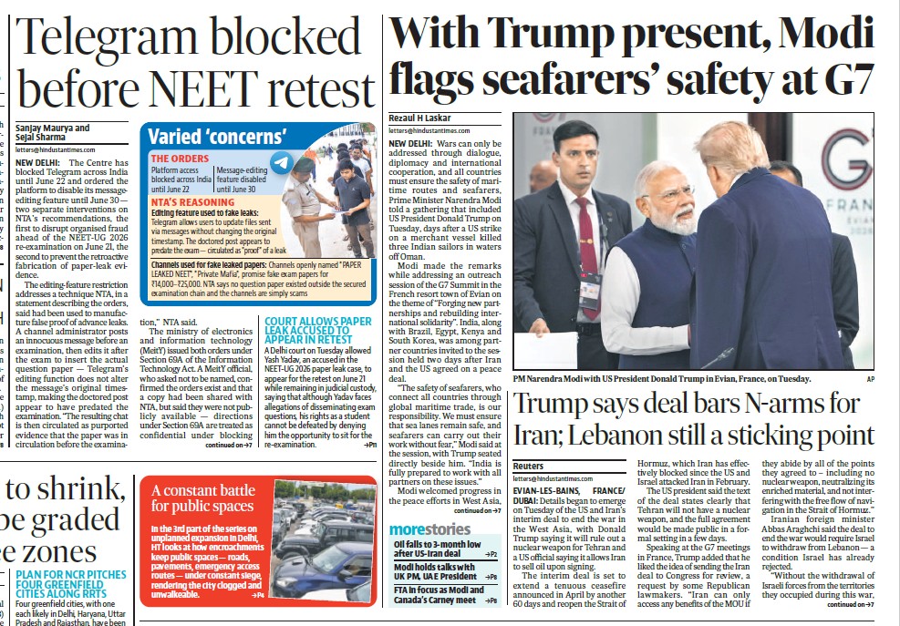 Newspaper front page spread with two main headlines: 'Telegram blocked before NEET retest' and 'With Trump present, Modi flags seafarers’ safety at G7', plus a photo of Modi and Trump and a blue inset graphic on the left column.