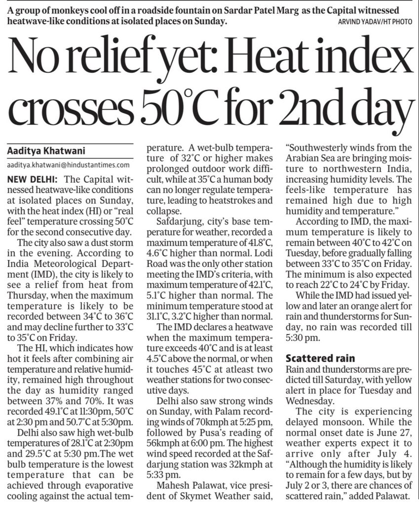 Newspaper front page with the headline: No relief yet: Heat index crosses 50°C for 2nd day