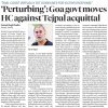 Newspaper front page about Goa government challenging Tejpal acquittal; features Tarun Tejpal’s photo and bold headline.
