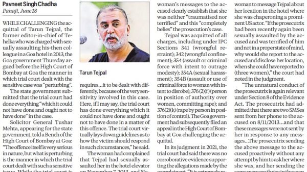 Newspaper front page about Goa government challenging Tejpal acquittal; features Tarun Tejpal’s photo and bold headline.