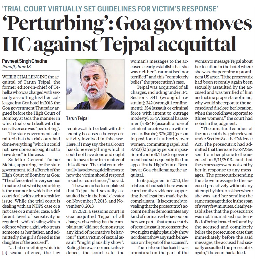 Newspaper front page about Goa government challenging Tejpal acquittal; features Tarun Tejpal’s photo and bold headline.