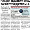 Front page article headlined 'Passport just a travel doc, not citizenship proof: MEA' about MEA clarifications on citizenship proof.