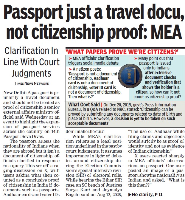 Front page article headlined 'Passport just a travel doc, not citizenship proof: MEA' about MEA clarifications on citizenship proof.