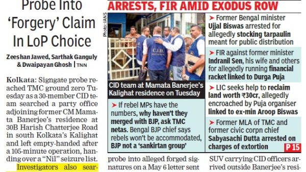 Front page of a newspaper reporting CID searches of Mamata Banerjee’s premises, with a bold headline and a photo of investigators outside a building.