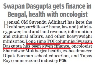 Newspaper front-page headline about Swapan Dasgupta getting finance in Bengal and health with an oncologist.