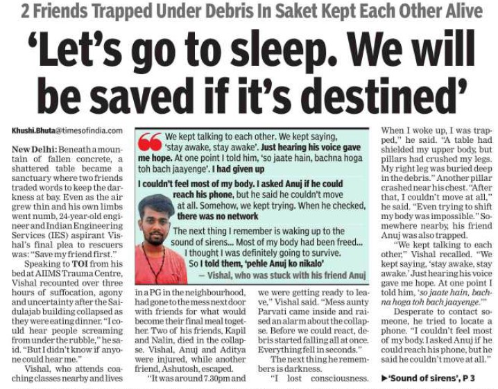 Newspaper front page with a bold headline about two friends trapped under debris in Saket and their plea to sleep for survival.