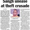 Front page of a newspaper with the bold headline 'Sangh unease at theft crusade' and a photo of Yogi Adityanath, caption noting his appearance in Hathras.