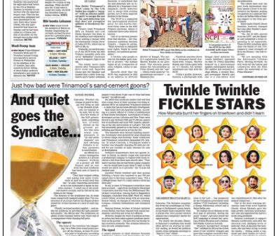 Front page of The Telegraph newspaper with main headlines about Tripura politics and a large hourglass image on the left. Inset photos accompany the stories below the masthead.