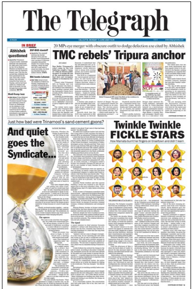 Front page of The Telegraph newspaper with main headlines about Tripura politics and a large hourglass image on the left. Inset photos accompany the stories below the masthead.