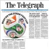 Front page of The Telegraph featuring a football World Cup graphic with portraits around a colored ball and bold headlines like 'BOOT ON THE OTHER FOOT' and 'Law mandates merger, not splinter bloc' (informational image).