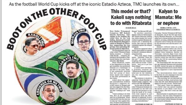 Front page of The Telegraph featuring a football World Cup graphic with portraits around a colored ball and bold headlines like 'BOOT ON THE OTHER FOOT' and 'Law mandates merger, not splinter bloc' (informational image).