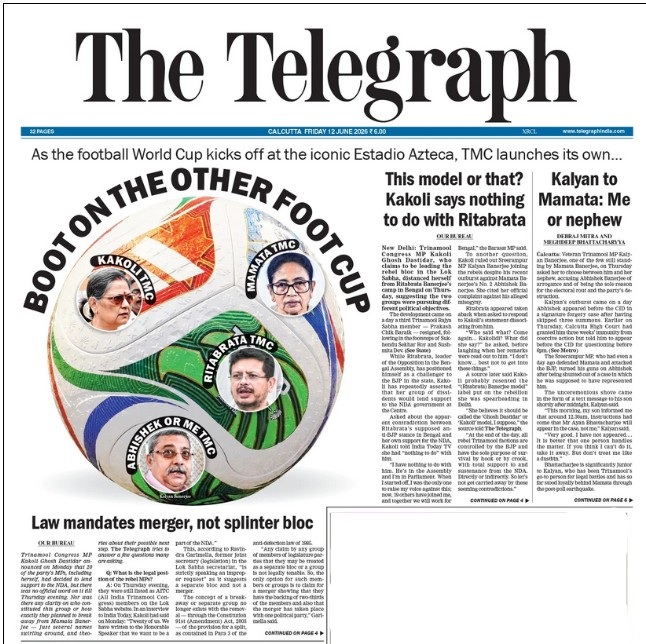 Front page of The Telegraph featuring a football World Cup graphic with portraits around a colored ball and bold headlines like 'BOOT ON THE OTHER FOOT' and 'Law mandates merger, not splinter bloc' (informational image).