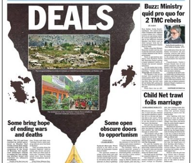 Front page of The Telegraph with a bold 'DEALS' headline over a map of India, paired with photos and side articles and a fountain-pen graphic at the bottom center.