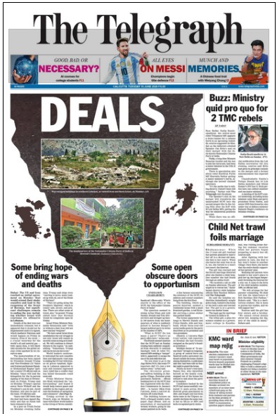 Front page of The Telegraph with a bold 'DEALS' headline over a map of India, paired with photos and side articles and a fountain-pen graphic at the bottom center.