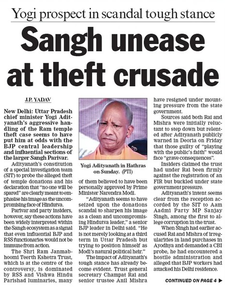 Front page of a newspaper with the bold headline 'Sangh unease at theft crusade' and a photo of Yogi Adityanath, caption noting his appearance in Hathras.