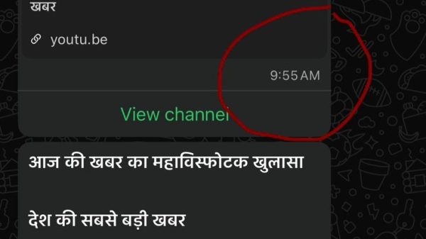 Forwarded WhatsApp message with a YouTube video thumbnail showing an elderly man in orange robes and a temple, with a play button and 'View channel' text, timestamp 9:55 AM.
