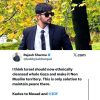 Portrait of a man in a dark suit and sunglasses outdoors among autumn-yellow leaves; a social media post with a tweet by Rajesh Sharma about Israel and Gaza is shown below.