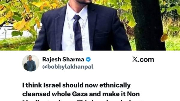 Portrait of a man in a dark suit and sunglasses outdoors among autumn-yellow leaves; a social media post with a tweet by Rajesh Sharma about Israel and Gaza is shown below.