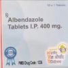 Box of Albendazole tablets 400 mg (Rx), 10 x 1 tablets, with PMBI code 1236 and official logos on the packaging