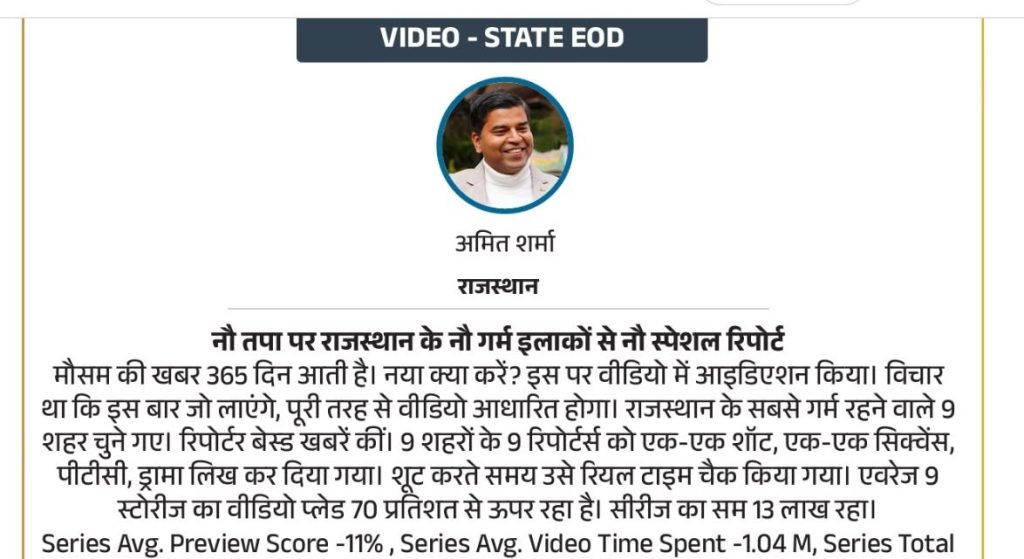 amit_nautapa | No. 1 Indian Media News Portal News post card titled 'VIDEO - STATE EOD' showing a circular portrait of Amit Sharma (Rajasthan) and Hindi article text below.