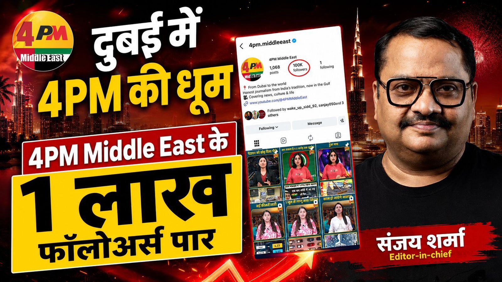 Promotional thumbnail for 4PM Middle East celebrating 1 lakh followers, featuring editor-in-chief Sanjay Sharma and a mobile screen with posts nearby.