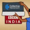 Woman hangs a 'Collective Newsroom' sign over a red 'BBC INDIA' panel on a beige brick wall, indicating a media collaboration or branding event.
