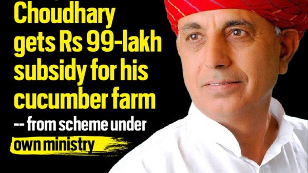 News thumbnail: Union Minister Bhagirath Choudhary in a red turban and white shirt, with a bold yellow headline claiming a Rs 99-lakh subsidy for his cucumber farm under his own ministry.