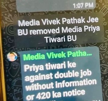 WhatsApp chat screenshots discussing media removal, Priya Tiwari, and legal action against alleged double job.