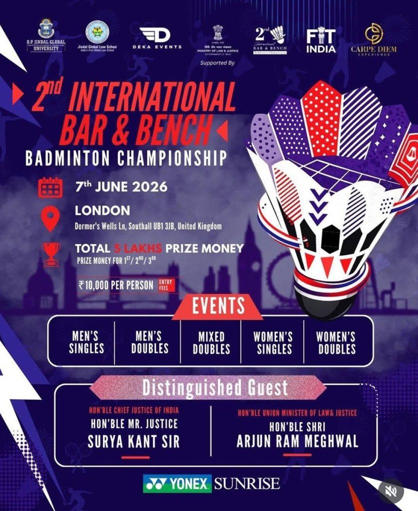 Poster advertising the 2nd International Bar & Bench Badminton Championship in London, June 7, 2026, with prize money and event categories slated (men's/Women's singles, doubles).
