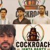 Collage: three men posing on a stage with a cockroach-themed banner; bottom-left man with a beard; bottom-right logo shows a cockroach at a podium.