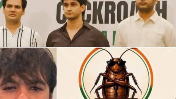 Collage: three men posing on a stage with a cockroach-themed banner; bottom-left man with a beard; bottom-right logo shows a cockroach at a podium.