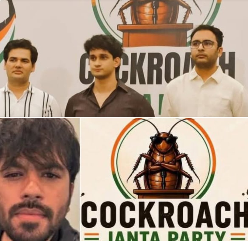 Collage: three men posing on a stage with a cockroach-themed banner; bottom-left man with a beard; bottom-right logo shows a cockroach at a podium.