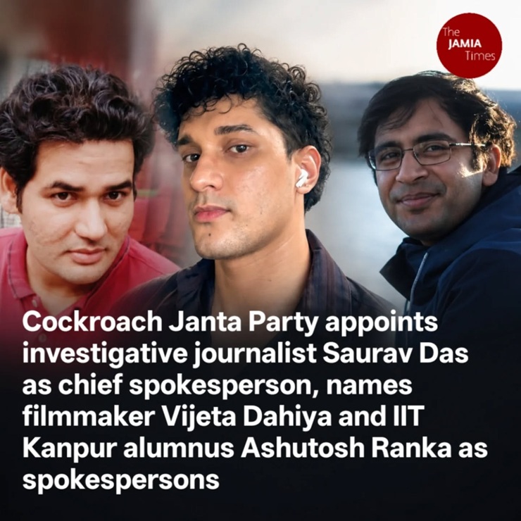News image showing three men; overlaid headline reads: 'Cockroach Janta Party appoints investigative journalist Saurav Das as chief spokesperson, names filmmaker Vijeta Dahiya and IIT Kanpur alumus Ashutosh Ranka as spokespersons' with The Jamia Times logo in the top-right.
