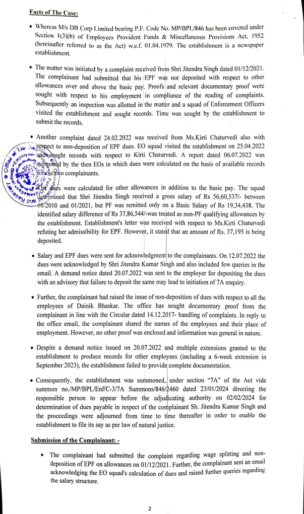 db corp_jitendra_1 | No. 1 Indian Media News Portal Page titled Facts of The Case with multiple bullet points describing complaints about EPF dues, salary details, and documentation, plus a round blue official seal and page number 2.