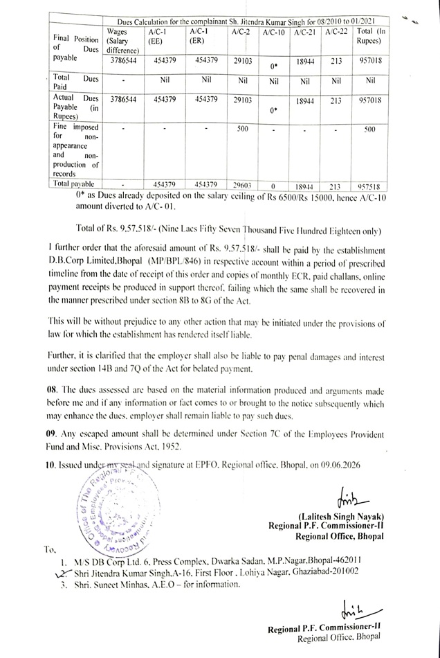 db corp_jitendra_2 | No. 1 Indian Media News Portal Dues calculation page with a table of final dues payable, actual dues paid, and totals, plus an official stamp and signatures at the bottom.