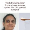 Headline: 'Tired of fighting alone': Doctor who campaigned against fake ORS goes off Instagram; collage shows a woman doctor and a spoon with powder over a glass of water, logo top-right.
