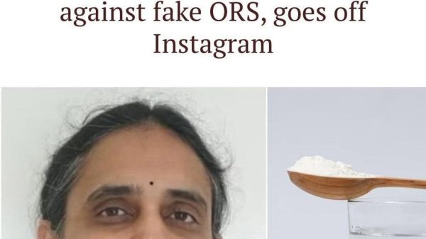 Headline: 'Tired of fighting alone': Doctor who campaigned against fake ORS goes off Instagram; collage shows a woman doctor and a spoon with powder over a glass of water, logo top-right.